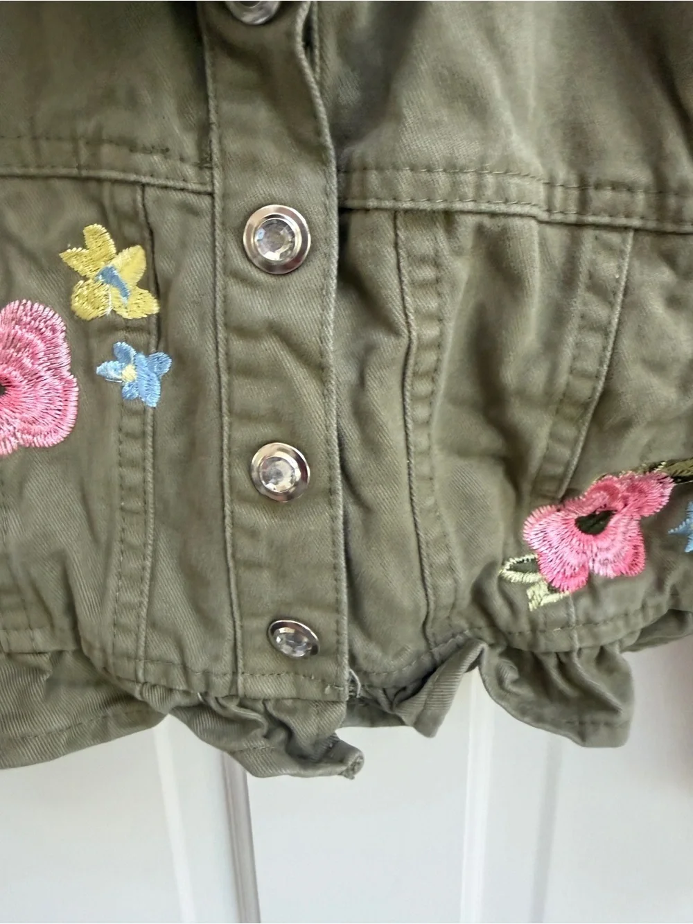 Little Lass Girls 5 Olive Green Embroidered Crop Jean Jacket with Flowers